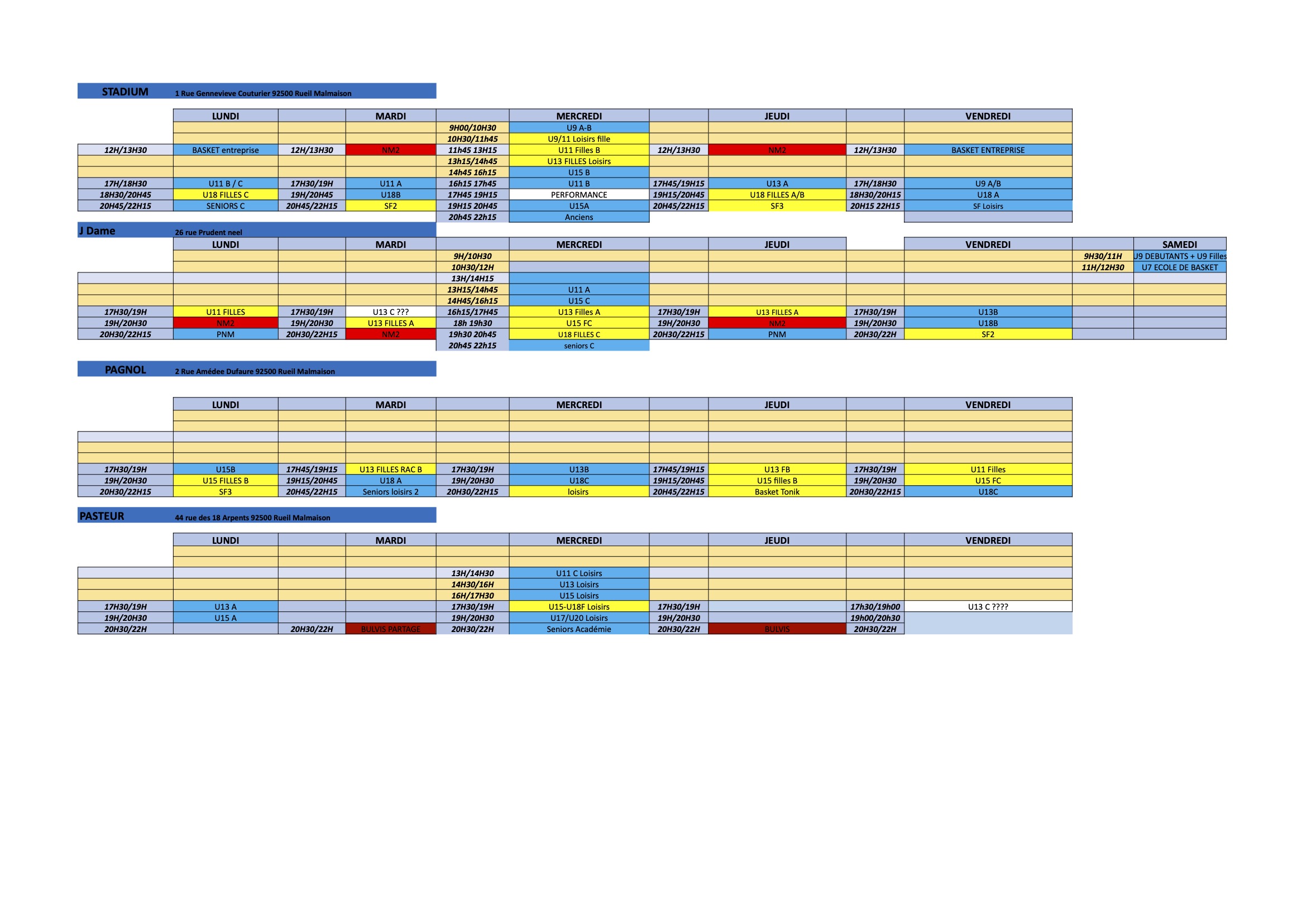 Plannings d'entraînements pour la saison 2026-27